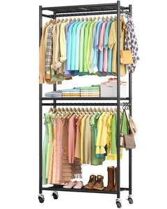 lot 61853 image: Sakugi Clothes Rack - 33.0 x 12.2 x 79.5 Clothing Rack with Shelves & Wheels, Multi-Functional Wardrobe Closet with Hooks, Sturdy Metal Garment Rack for Bedroom, Laundry, Balcony (Black) - Retail $60