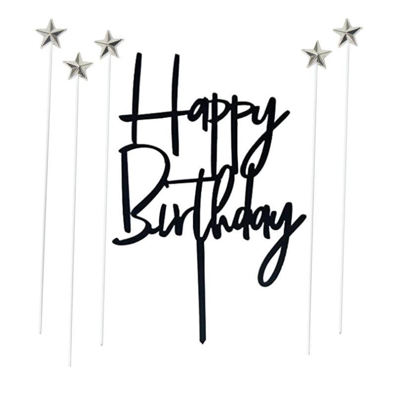 lot 29887 image: Set of 1 Black Acrylic Happy birthday Cake Topper,5 pcs silvery Star Cake Cupcake Topper(Black 1) - Retail $6