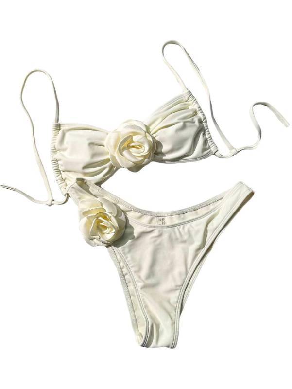 lot 29890 image: Falainetee Womens Floral Appliques Cute Bathing Suit High Waisted Colorblock Tie Back Swimsuit Bikini Set White S - Retail $28