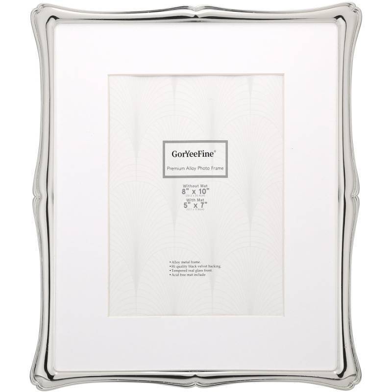 lot 31625 image: GorYeeFine Silver 8x10 Premium Alloy Picture Frame with Acid Free Mat for 5x7,Luxury Hi-End Photo Frames 5x7 with Black Velevt Backing for Desktop and Wall Hanging - Retail $26