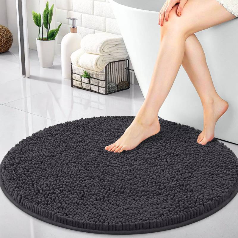 lot 45059 image: OLANLY 30-inch Round Bathroom Rugs, Extra Soft and Absorbent Chenille Bath Rugs, Quick Dry Machine Washable Bath Mats for Bathroom Floor, Tub and Shower, Home Decor Accessories, Dark Grey - Retail $34