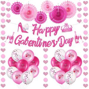 lot 30150 image: Happy Galentines Day Decorations Glittery Galentines Day Banner Galentines Balloons Heart Garland Hanging Paper Fans for Girls Ladies Bachelorette Valentines Party Backdrop Decoration(Pink) - Retail $10