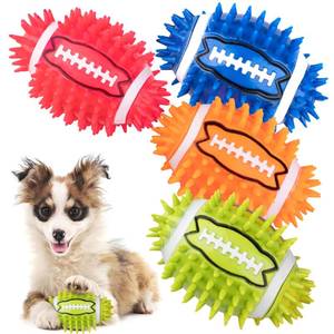 lot 30161 image: GHOBROFY 4.3 Dog Squeaky Football Toys 4 Pack, Interactive and Durable Spiky Dog Balls for Medium Large Dogs with Rugby Shape, Built-in Squeaker for Teeth Cleaning and Training - Retail $15