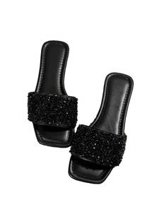 lot 30176 image: GORGLITTER Womens Sparkly Jeweled Flat Sandals Dressy Open Toe Glitter Shiny Slippers Slip-on Shoes Black CN43  - Retail $29