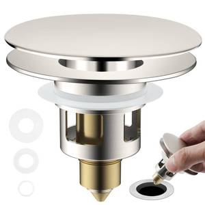 lot 30179 image: Universal Bathroom Sink Drain Strainer Hair Catcher Upgraded with Removable Stainless Steel Filter Basket, 2 in 1 Pop Up Sink Stopper for 1.12.36 Sink Basin Hole, Big Cover Cap, Brushed Nickel - Retail $8
