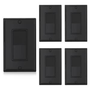 lot 30181 image: ELEGRP Single Pole Decors Light Switch with Plate 15Amp, 120-277V, Paddle Rocker Switch Replacement, OnOff Wall Switch, Self-Grounding, Residential Grade, wWall Plate, ULCUL (5 Pack Glossy Black) - Retail $18