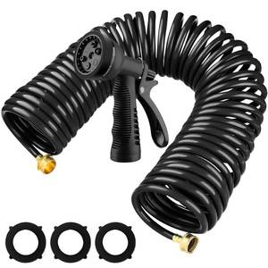 lot 30187 image: Pangda 25 Ft x 38 Coil Garden Hose EVA Recoil Garden Self Coiling Expanding Water Hose with 6 Function Spray Nozzle Universal 34 Brass Connector Fitting for Outdoor Yard(Black) - Retail $20