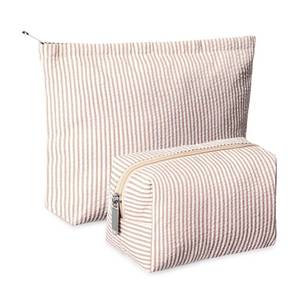 lot 30189 image: Huhumy 2 Pcs Makeup Bag Set Cute Cosmetic Pouch for Women Seersucker Travel Toiletry Bag Preppy Small Makeup Purse Pouch Aesthetic Skincare Brushes Storage Organizer for Valentine Women(Khaki) - Retail $12