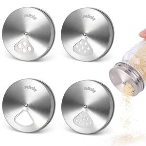 lot 30196 image: Palksky Mason Jar Spice Shaker Lids Stainless Steel, 4 Pack Regular Mouth Mason Canning Cap for Spices Coriander Seed GarlicRosemary Powder, Adjustable Tops Pour Spout Seasoning Shaker Dispenser - Retail $14