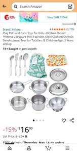 lot 32921 image: Yellora Stainless Steel Kids Kitchen Playset with Pots Pans and Utensils - Retail $12