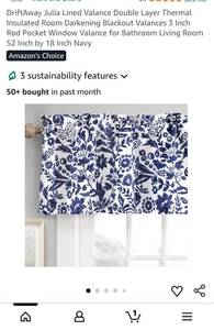 lot 32922 image: DriftAway Julia Lined Valance Double Layer Thermal Insulated Blackout Window Treatment Navy Blue Floral Pattern 52x18 Inch - Retail $15