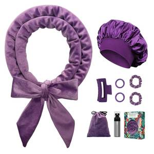 lot 32928 image: Gwabee No Heat Overnight Curls Headband to Sleep In, 70 Soft Ribbon Curl Wrap for Long Hair - 9 PCS Curling Rods Set with Bonnet, Purple - Retail $8