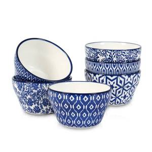 lot 32946 image: Selamica Ceramic 8oz Bouillon Cups 4 Inch Small Bowls, Dessert bowls for Soup Dipping Sauce Coffee Cupping, Microwave Dishwasher Safe, Set of 6, Vintage Blue - Retail $26