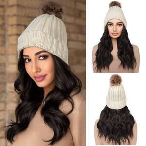 lot 32956 image: REECHO Warm Knitted Beanie Hat with 12 Beach Wavy Synthetic Hairpiece - Black Beanie, Platinum Blonde Hair