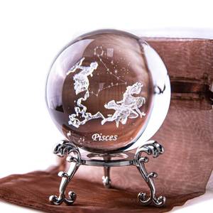 lot 32958 image: 3D Inner Carving Constellation Ball Crystal Paperweight Full Sphere Glass Fengshui with Sliver-Plated Flowering Stand(Pisces) - Retail $6