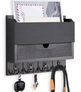 lot 32974 image: Lucundm Mail and Key Holder Wall Mount with Storage Drawer Modern Wooden Mail Organizer for Wall Entryway, 7 Key Hooks & Chalkboard Panel Stylish Home Decor for Apartments, Living Room, Office - Retail $22