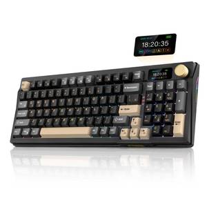lot 32994 image: RedThunder K95 Wireless Mechanical Keyboard, TFT Screen & Knob, Tri-Mode BT5.02.4GHzUSB-C Hot Swappable Custom, Pre-lubed Linear Pink Switches, Gasket Structure, RGB Gaming Keyboard, Black-Gold - Retail $80