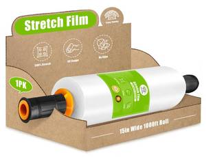 lot 33008 image: Cosy Family Plastic Wrap Stretch Film Roll - 1000ft 60 Gauge Industrial Strength 15 inch Wide Clear Plastic Wrap Roll with Handles for Pallet Wrapping Shipping Moving - Clear, Pack of 1 - Retail $18
