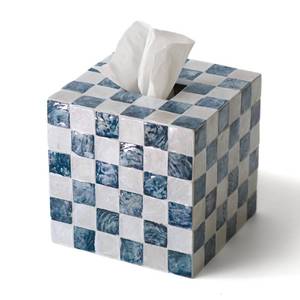 lot 33009 image: CHI AN HOME 5.7 Square Tissue Box Cover, Handmade Checkered Cube Tissue Box Cover with Capiz Shells, Decorative Mother of Pearl Tissue Holder for Living Room, Bathroom, Bedroom or Office (Navy Blue) - Retail $30