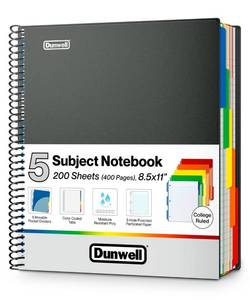 lot 42464 image: Dunwell 5-Subject Notebook, College Ruled, Colorful Movable Pocket Dividers with Tabs, FrontBack Plastic Covers, 200 Sheets (400 Pages) of 3-Hole Punch Perforated 8.5x11 Paper - Retail $16