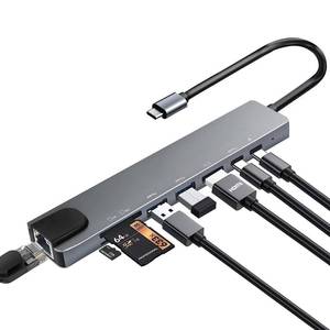 lot 42468 image: USB C Hub Multiport Adapter, 8 in 1 USBC Dongle with 4K HDMI, RJ45 Ethernet, 100W PD Charging, USB 3.0, SDTF Card Reader, USB-C Docking Station for MacBook ProAir, Dell, HP and Other Type C Devices - Retail $12