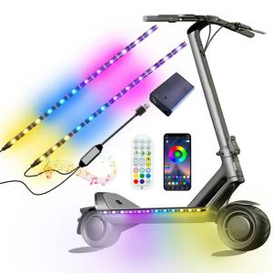 lot 42478 image: 2 Strip Electric LED Music Sync Multicolor Lightning Changing Scooter Skateboard Bicycle Riding Lights Wireless Battery Powered USB Remote APP Bicycle Scooter Lights - Retail $19