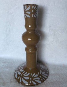 lot 2940 image: Brown Glass Candlestick Holder with White Floral Pattern