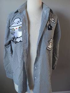 lot 2962 image: Apache Brand Striped Button-Up Shirt with Homemade Embroidered Lady Patches - Medium