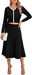 lot 1007 image: 2 Piece Sets For Women Long Sleeve Crop Top Pleated Skirts Ribbed Knit Matching Set Fall Outfits Large Black