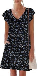 lot 1008 image: nclook Womens Summer Casual Dresses Sweet Cute V Neck Mini Dress with Pockets Ruffle Short Sleeve XXXL