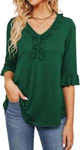 lot 1012 image: Poetsky Womens 34 Sleeve Tops Casual V Neck Shirts Loose Ruffle Tunic Blouses Green XL