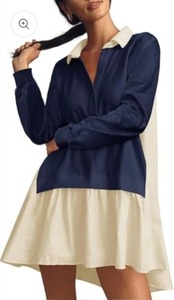 lot 1014 image: Fisoew Womens Oversized Sweatshirt Dress Long Sleeve V Neck Patchwork Casual Pullover Tops Loose Fit Mini Dresses Navy with Tan