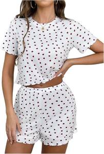 lot 1046 image: Womens Heart Pajamas Short Sleeve Pajama Set Ribbed Tshirt and Shorts Cute Lounge Sets Sleepwear Small