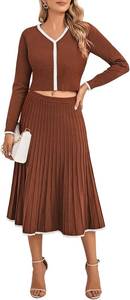 lot 1048 image: Pink Queen 2 Piece Sets For Women Long Sleeve Crop Top Pleated Skirts Ribbed Knit Matching Set Fall Outfits XL