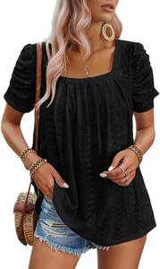 lot 1057 image: Dokotoo Womens Hollow Pleated Short Sleeves Square Neck Casual Loose Solid Color Knit T Shirts Tops Blouses Small Black