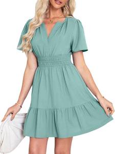 lot 1058 image: Simplee Womens Summer Linen Mini Dress Casual Short Sleeve V Neck Empire Waist Flowy Boho Sundress Beach Wedding Gest Sage Green Medium