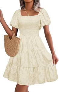 lot 1078 image: dowerme Womens Summer Dresses Puff Short Sleeve Square Neck Smocked Floral Wedding Guest Mini Dress with Pockets 2XL