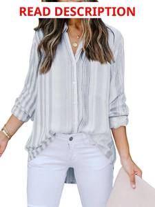 lot 1080 image: Mutitop Womens Button Down Shirts Striped Dress Shirts Long Sleeve Textured Blouse Collared Work Office Top Casual Blue and Pink Strip Small