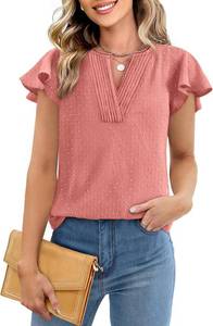 lot 1090 image: PRETTYGARDEN Womens Summer Tops 2025 Casual Ruffle Sleeve Pleated V Neck Shirts Dressy Swiss Dot T-Shirts Crochet Blouse Small.