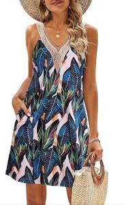 lot 1097 image: SimpleFun Summer Dresses for Women Beach Lace V-Neck Sundresses Casual Tropical Print Sleeveless Short Dress with Pockets Large