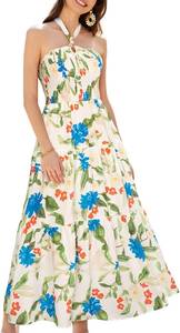 lot 1104 image: GRACE KARIN Halter Cut Out Backless Summer Vacation Beach Flowy Smocked Long Maxi Dress Small, Green Red Blue