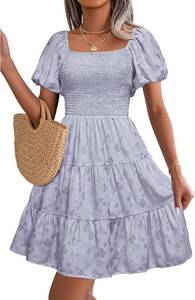 lot 1108 image: dowerme Womens Summer Dresses Puff Short Sleeve Square Neck Smocked Floral Wedding Guest Mini Dress with Pockets Large