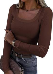 lot 1114 image: Womens Long Sleeve Ribbed Knit Shirts Scoop Neck Slim Fit Casual Basic Tee Tops for for Going Out or Workout Large