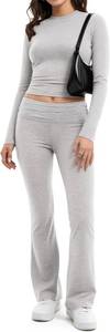 lot 1132 image: MANGOPOP 2 Piece Lounge Sets for Women Fold Over Flare Pants Long Sleeve Top V-Cut Flare Leggings Fall Pajamas Casual Outfits Small