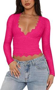 lot 1135 image: REORIA Womens Fall Sexy V Neck Double Lined Long Sleeve Shirts Cute Slim Fitted Lace Trendy Going Out Tops for Women Teen Girls Neon Rose Red Small