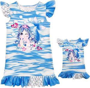 lot 1137 image: Bow Dream Girl Dress Cute Cartoon Party Birthday Holiday Matching Clothes for Girls Blue Mermaid 4-5T