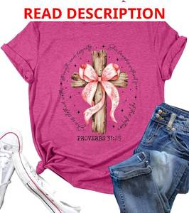 lot 1147 image: ChristiBow Graphic Tee Fall Bible Verse Shirt Religious Faith Tops Lightan Shirts for Women Cross T-Shirt Color is Light Pink Size Small