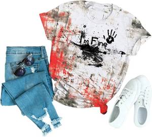 lot 1153 image: I AM FINE Bloody Problem Solved Halloween T-Shirt Casual Women Funny Halloween Cloth Bloody Graphic Tee Shirts Large