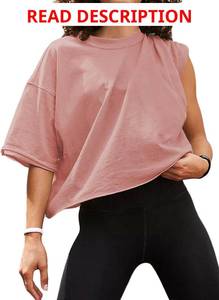 lot 1155 image: Womens Oversize Workout Crop Tops Short Sleeve Crewneck Drop Shoulder Boxy T Shirts Summer Casual Solid Basic Tees Color is Tan Large