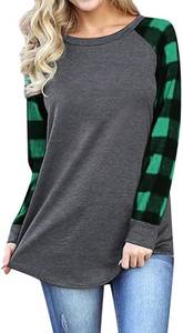 lot 1166 image: Smile Fish Womens Crewneck Raglan Long Sleeve Shirts Buffalo Plaid Relaxed Fit Christmas Top Tees XL